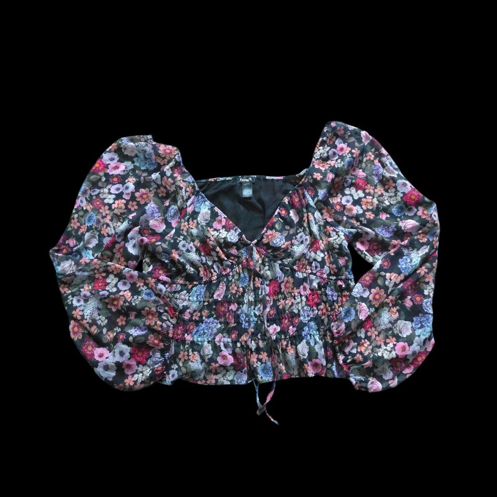 Express Floral Puff Sleeve Blouse Black Size Small EUC Romantic Y2K